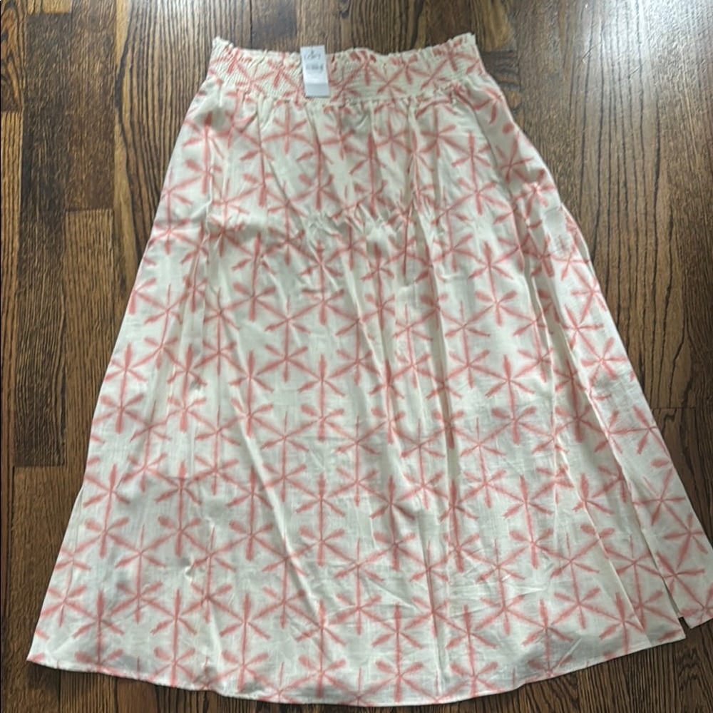 LOFT Pink and White Pleated Midi Skirt